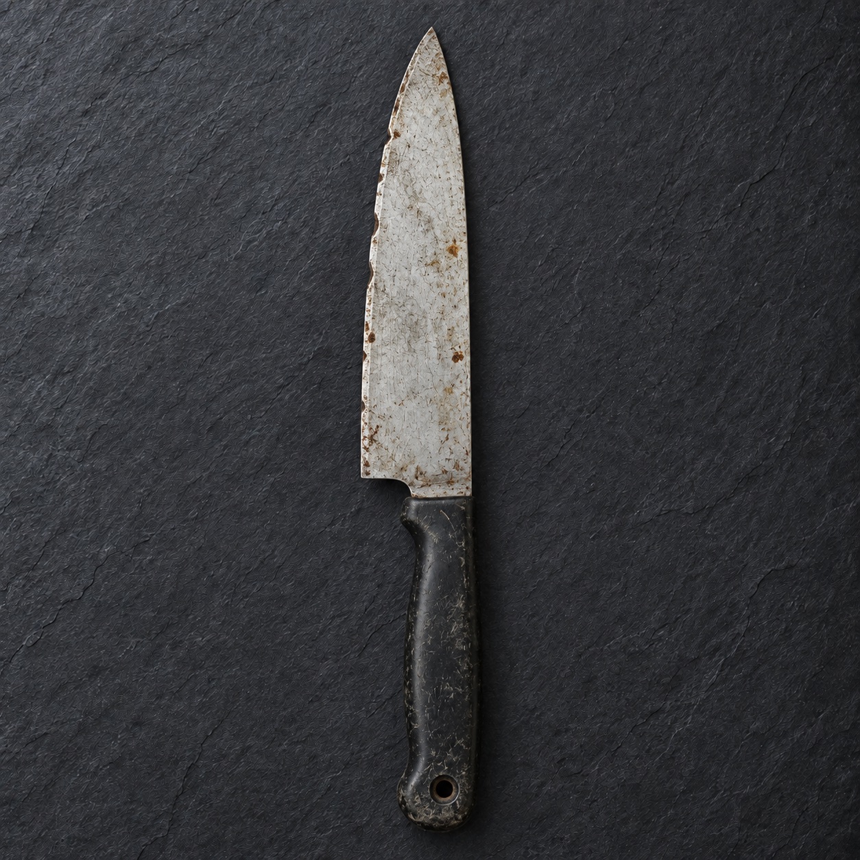 A worn, dull, stained cheap chef’s knife